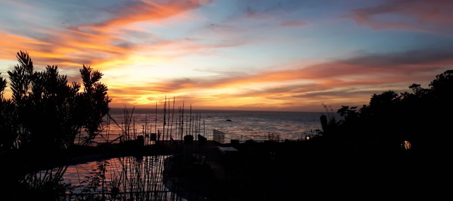 A landscape at dusk with a red sky 