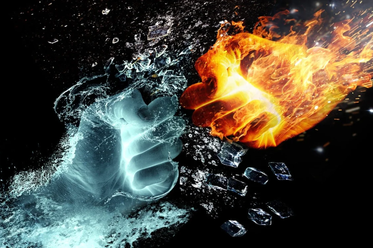 A fist made of ice and a fist made of fire touching each other