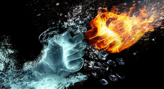 A fist made of ice and a fist made of fire touching each other