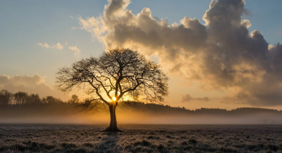 A tree against a sky background with the sun rising making the tree seem bright.  The tree is otherwise alone.